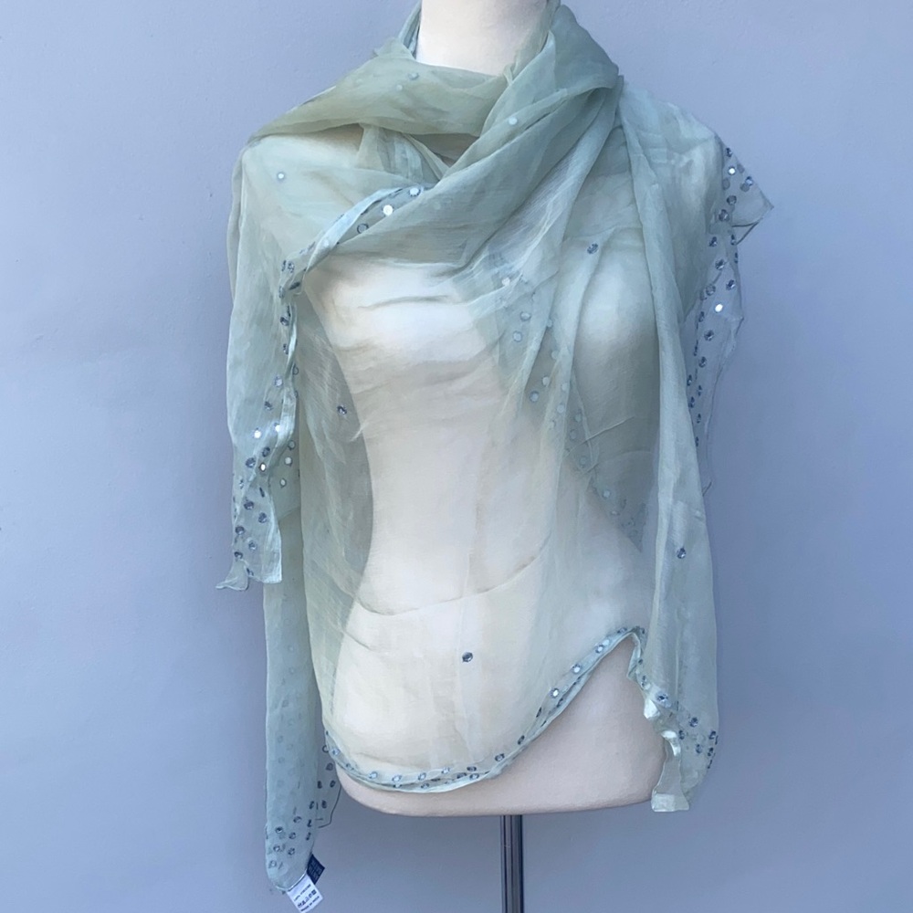 ANTIK BATIK Women’s Sheer light Green Aqua Scarf Sarong with Sequin Details